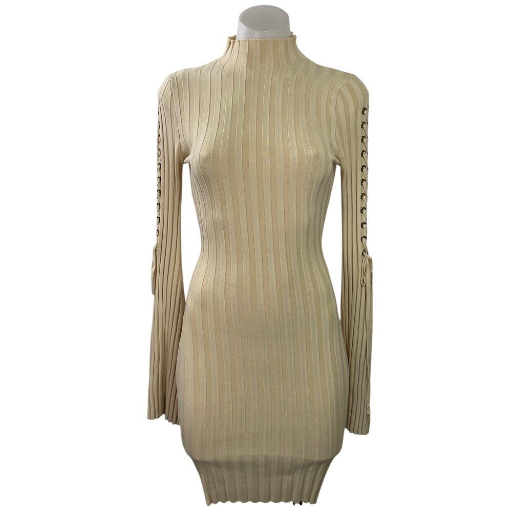 Fashion Nova Cream Beige Ribbed Knit Turtleneck Long Sleeve Sweater Dress Size S